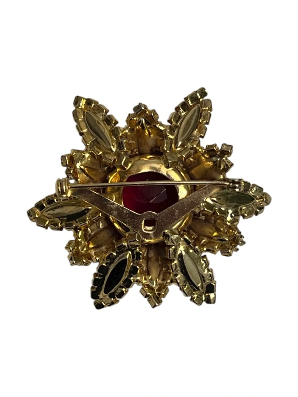 Vintage 1950s Unsigned High Tiered Ruby Red & Pink Rhinestone Starburst Brooch